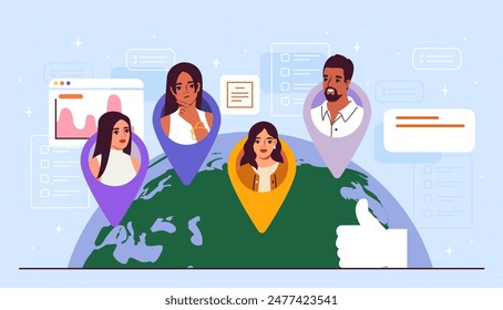 Concepto de SEO local. Avatares y perfiles en el mapa global mundial. Especialistas en SMM con Plan publicitario para promocionarse en Internet. Optimización de buscadores. Ilustración vectorial plana de dibujos animados