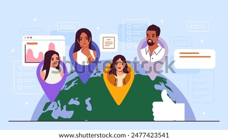 Local SEO concept. Avatars and profiles at world global map. SMM specialists with advertising plan for promotion on Internet. Search engine optimization. Cartoon flat vector illustration