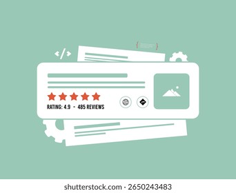 Local SEO concept with business rating, structured data card, review stars and schema markup elements for rich results and search optimization. Local seo rich search results vector illustration