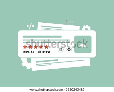 Local SEO concept with business rating, structured data card, review stars and schema markup elements for rich results and search optimization. Local seo rich search results vector illustration