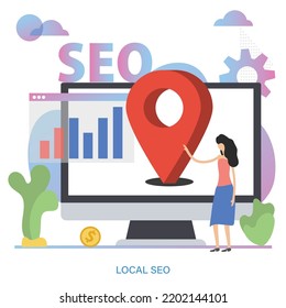 Local SEO flat concept. Vector illustration with woman near screen and geolocation icon. Targeting research and promotion campaign