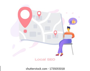 Local SEO icon for search engine optimization service. Market analytics, customer feedback analysis. Local SEO, reputation management, mobile SEO metaphors.Vector flat 3d style design illustration.