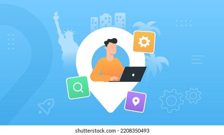 Local SEO illustration on blue background. Male SEO-specialist with laptop inside pin works. Icons for location, settings and search. Background of cities, statue of liberty, palm trees. Dribble style