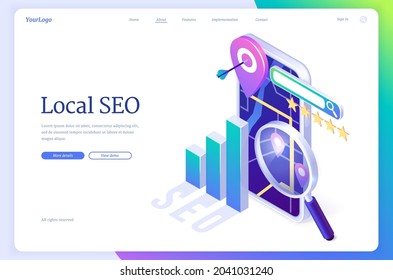 Local SEO isometric landing page. Search engine optimization, ranking internet marketing and digital business content. Smartphone screen with navigation pin, chart and glass, 3d vector web banner