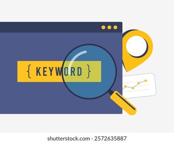 Local SEO keyword optimization with search bar, magnifying glass, location pin and analytics. Digital marketing local search strategies, keyword research and online business growth illustration