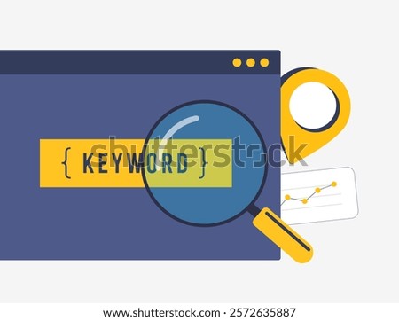 Local SEO keyword optimization with search bar, magnifying glass, location pin and analytics. Digital marketing local search strategies, keyword research and online business growth illustration