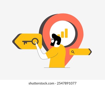 Local SEO keyword research concept - targeted strategies to improve search engine rankings, enhance local visibility and optimize online presence. Location pin and keyword icons vector illustration