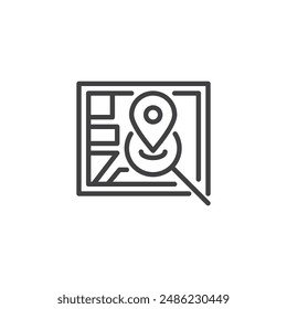 Local SEO line icon. linear style sign for mobile concept and web design. Map with a Location pin and a magnifying glass outline vector icon. Gps navigation symbol, logo illustration. Vector graphics