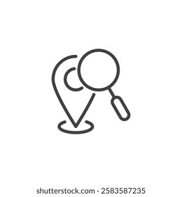 Local SEO line icon. linear style sign for mobile concept and web design. A location pin with a magnifying glass outline vector icon. Search optimization symbol, logo illustration. Vector graphics