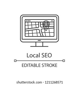 Local SEO linear icon. Shop, cafe, salon geolocation targeting. Digital mapping. GPS navigation. Location search optimization. Contour symbol. Vector isolated outline drawing. Editable stroke