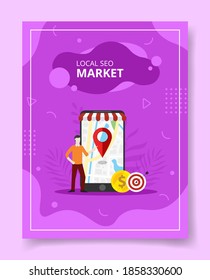 local seo market men stand front giant smartphone pointer location on display for template of banners, flyer, books cover, magazines with liquid shape style