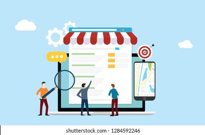 local seo market strategy business search engine optimization with team people working together on front of store and maps online - vector illustration