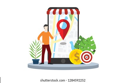 local seo market strategy business search engine optimization with business man stand in front of mobile smartphone with maps online - vector illustration