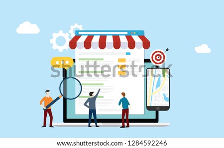 local seo market strategy business search engine optimization with team people working together on front of store and maps online - vector illustration Stock photo © 