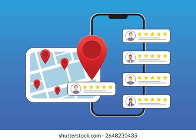 Local SEO. Local seo marketing based on customer ratings and reviews. Regional listings with maps, red pins, and star ratings for nearby places.