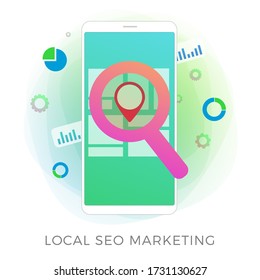 Local SEO Marketing flat vector icon concept. Search Engine Optimization results based on regional and client geo-positioning. Advertising a local business store through inbound marketing process.