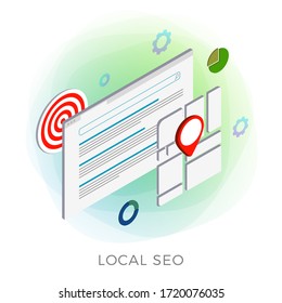 Local SEO Marketing Strategy vector isometric icon. Search results regarding your location, displaying local stores and services near you. Website Search Engine with GPS and geotag sign on city map.