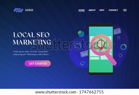 Local SEO Marketing UI UX vector web template for website header, banner, slider or landing page. Search Engine Optimization results based on client GPS geo-positioning and regional