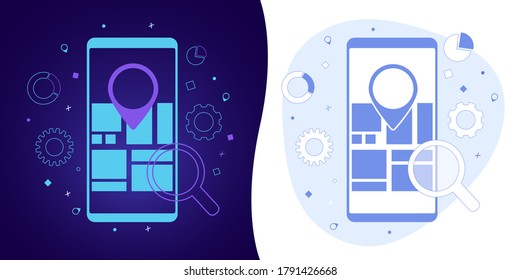 Concepto de vector de mercadeo SEO local con fondo negro y blanco, icono de contorno delgado y brillante neón ultra violeta oscuro e ilustración azul claro. Optimización de motores de búsqueda con resultados regionales.