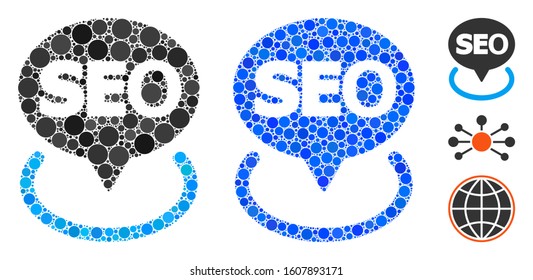 Local seo mosaic of round dots in various sizes and color tints, based on local seo icon. Vector dots are organized into blue mosaic. Dotted local seo icon in usual and blue versions.