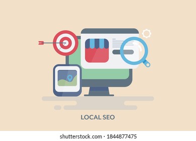 Local SEO, Online business strategy, Local listing for digital marketing - flat design vector illustration with icon and texts