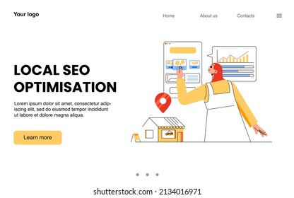 Local SEO optimization banner. Concept of local search marketing, analytics results of business strategy and advertising campaign. Vector landing page with store with geo tag, woman and graph