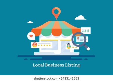 Lokale SEO-Optimierung, Business Listing auf Suchmaschine, Geschäftsadresse und lokale auf Suchmaschinen-Karten - Vektor-Illustration Hintergrund mit Icons