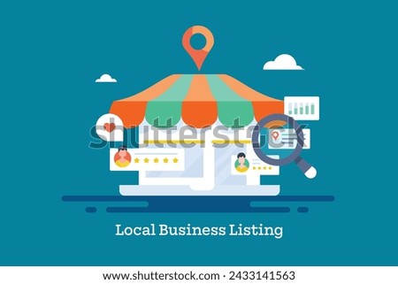 Local SEO optimization, Business listing on search engine, Business address and local on search engine maps - vector illustration background with icons