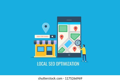 Optimización de seo local, SEO de negocios local, optimización de mapas, ubicación de búsqueda, diseño plano ilustración vectorial de diseño de ubicación