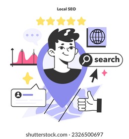 Lokale SEO-Optimierung. Lokale Suchstrategie, die kleinen Unternehmen hilft, in lokalen Suchergebnissen sichtbarer zu werden. Browserwerbung. Flache Vektorgrafik