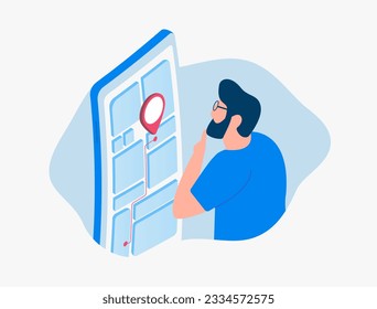 Local SEO - Optimize marketing ads with geo-positioning. Find optimal local routes and reach regional clients. Geofencing Illustration - man using location-based map search on smartphone.