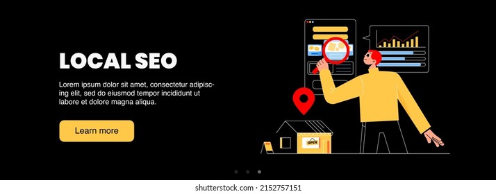 Local SEO poster. Concept of search marketing optimization and advertising campaign for local company. Vector horizontal banner with geo tag on shop, man and analytics graph