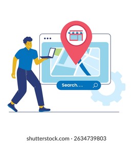 Búsqueda de SEO local con mapa, pin de tienda y hombre de negocios con ilustración de computadora portátil. Ilustraciones para Sitios web, páginas de destino, App móviles, carteles y Anuncios