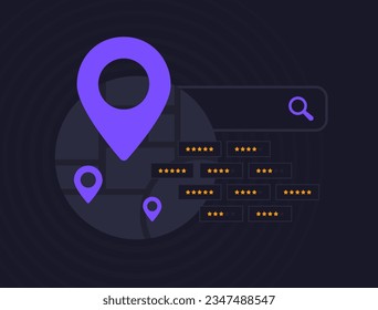 Local SEO - search marketing small business strategy based on target local customers. Map with local business seo listing, pins and consumer feedback. Vector illustration on black background with icon