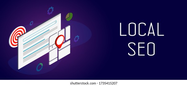 Local SEO - search results regarding your location, displaying local stores and services near you. Marketing Strategy with GPS and geotag sign on city map. Header and footer banner template with text