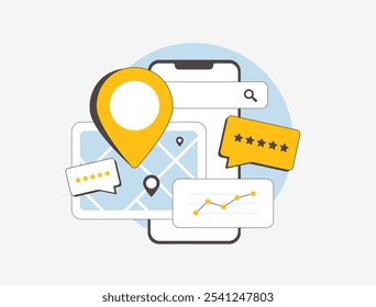 Local SEO for small businesses, featuring maps with huge pins, star seo ratings and customer reviews to boost visibility. Local SEO for attracting nearby customers and enhancing local search rankings