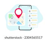 Local SEO for small businesses. Local seo marketing based on customer ratings and reviews. Regional listings with maps, red pins, and star ratings for nearby places. Local search concept illustration