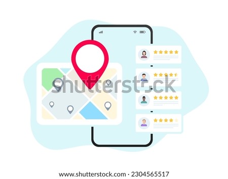 Local SEO for small businesses. Local seo marketing based on customer ratings and reviews. Regional listings with maps, red pins, and star ratings for nearby places. Local search concept illustration
