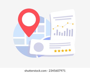 Local SEO Statistics and Trends for small businesses. Local searches analysis and ranking concept illustration. Compare proximity audit. Vector isolated illustration on white background with icons