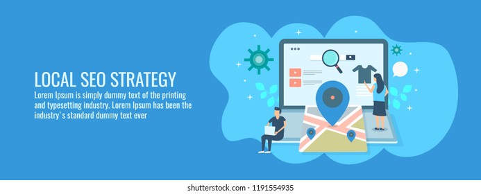 Local SEO strategy - Local business - Digital marketing campaign - flat vector illustration with icons and characters