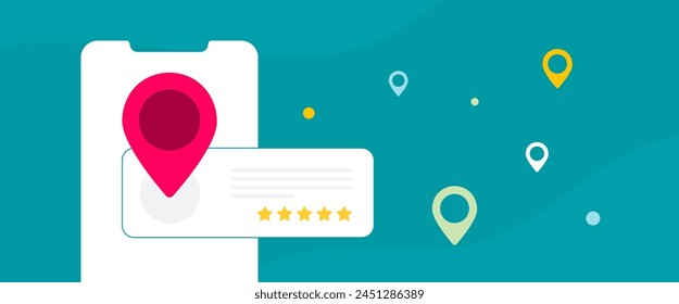 Local SEO strategy for small businesses. Local search listings with map and ratings. Customer satisfaction and growth by managing reviews and complaints effectively. Vector horizontal illustration