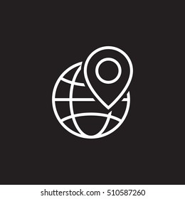 Local seo symbol. Globe and location marker line icon, outline vector sign, linear pictogram isolated on black. logo illustration