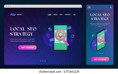 Local SEO UI UX web design template and GUI Mobile application, landing page. Seo Search Engine Optimization for local stores, cafe, shop. Advertising result based on client geo-positioning location