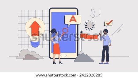 Local SEO and website search engine optimization based on location retro tiny person concept. Marketing campaign with advertisement management vector illustration. Targeted social media ads content.