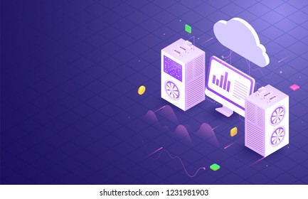 Local server connected to cloud server and desktop on shiny blue grid background, isometric design Cloud networking or data center concept.