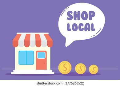 local shop campaign with lettering in speech bubble and store building vector illustration design