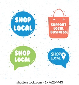 local shop campaign with letterings in speech bubbles and shopping bag vector illustration design