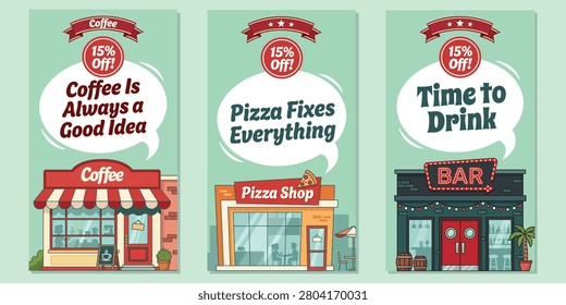 Local Shop Discount Banner Template Set With Coffee Pizza And Bar Storefront Illustration Editable Vector Design For Small Business Marketing