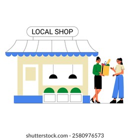 Local Shop Exterior With Female Customer Receiving Grocery Bag From Female Shopkeeper Flat Vector Illustration Symbolizing Community Shopping And Small Business, Isolated On White Background