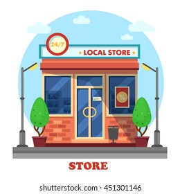 Local shop or store building outdoor exterior with trees near lantern or bushes near lamp. Day and night working boutique panorama view. Business and trading theme